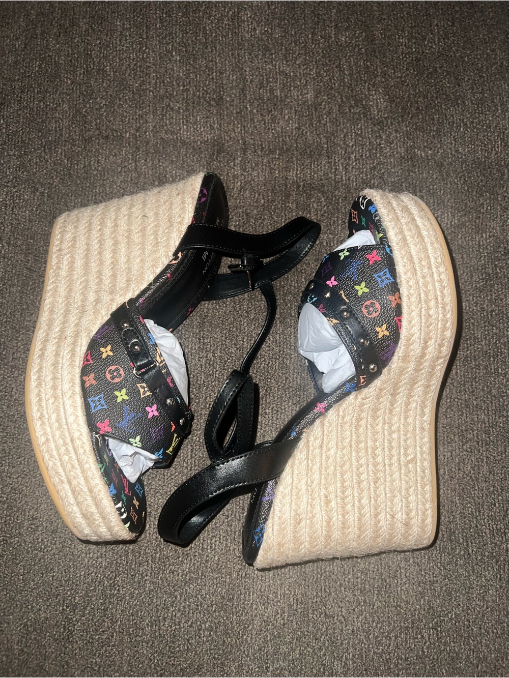 Louis Vuitton Black Multicolor Wedge Sandals - Picture 4 of 5